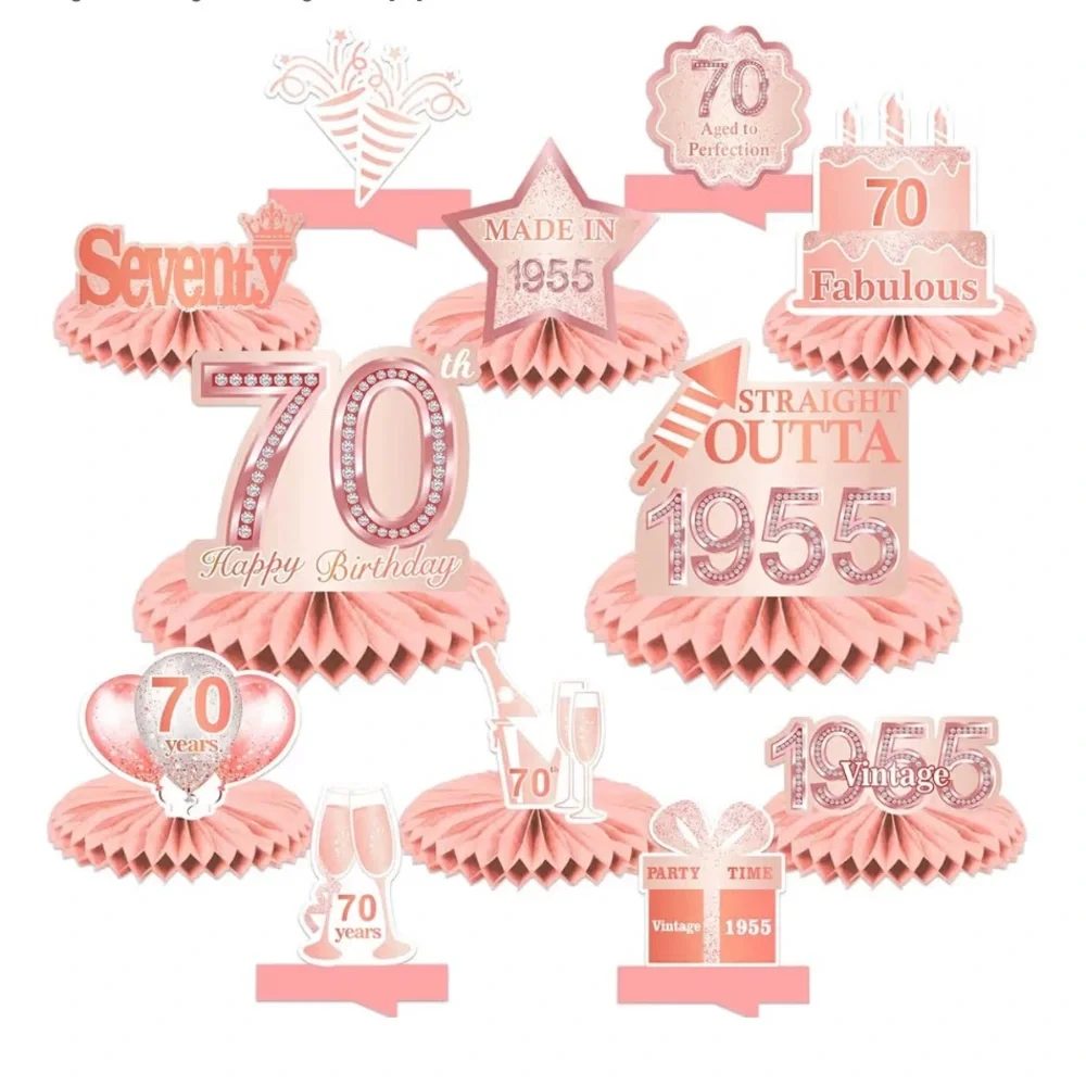 Happy 70th Birthday Rose Gold Table Honeycomb Centerpieces